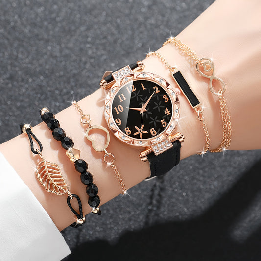 CÉLESTE — 6-Piece Watch & Bracelet Set · Black & Gold - KE