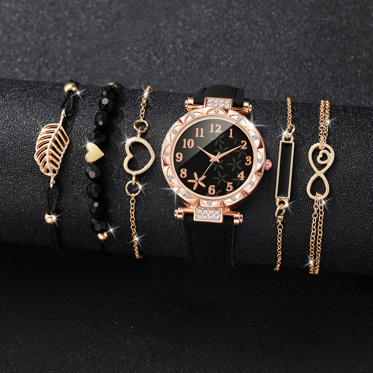 CÉLESTE — 6-Piece Watch & Bracelet Set · Black & Gold - KE