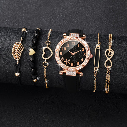 CÉLESTE — 6-Piece Watch & Bracelet Set · Black & Gold - KE