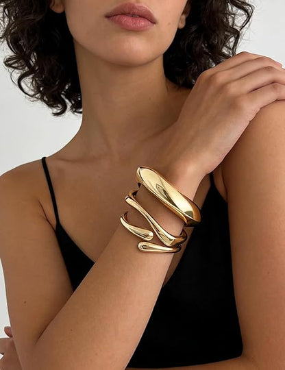Amara™ - Sculpted Gold Bracelet Set (3-Piece) - KE