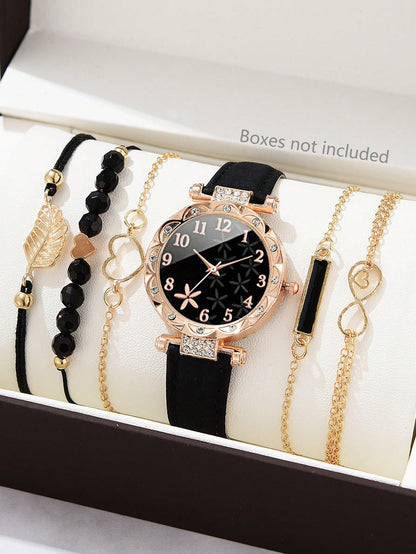 CÉLESTE — 6-Piece Watch & Bracelet Set · Black & Gold - KE