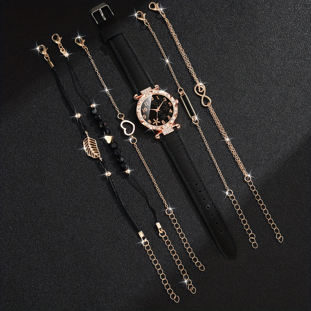 CÉLESTE — 6-Piece Watch & Bracelet Set · Black & Gold - KE