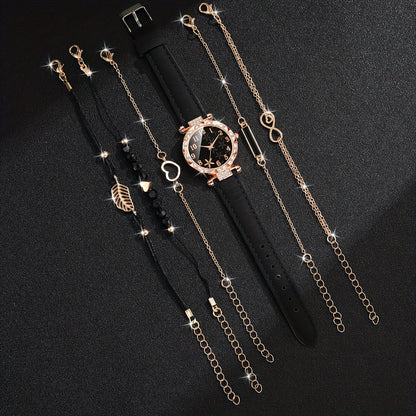 CÉLESTE — 6-Piece Watch & Bracelet Set · Black & Gold - KE