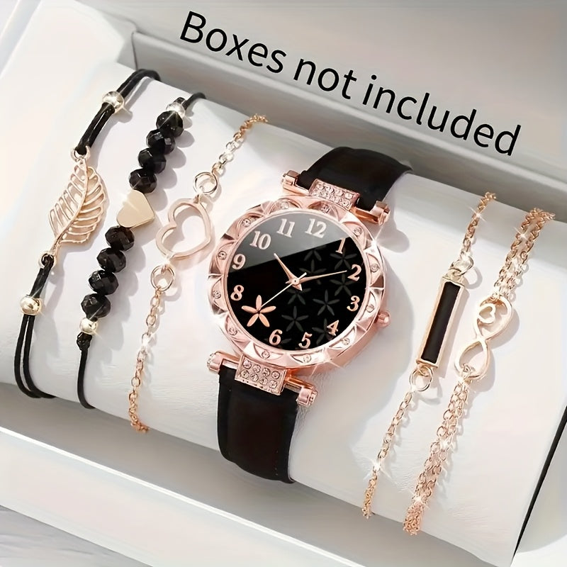 CÉLESTE — 6-Piece Watch & Bracelet Set · Black & Gold - KE