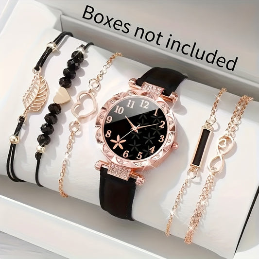 CÉLESTE — 6-Piece Watch & Bracelet Set · Black & Gold - KE